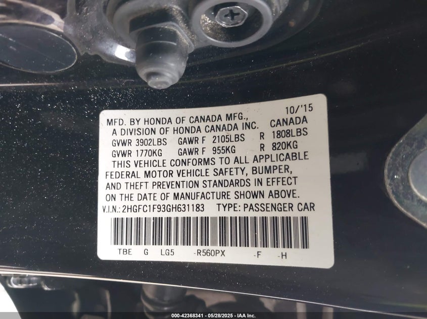 2016 HONDA CIVIC VIN: 2HGFC1F93GH631183