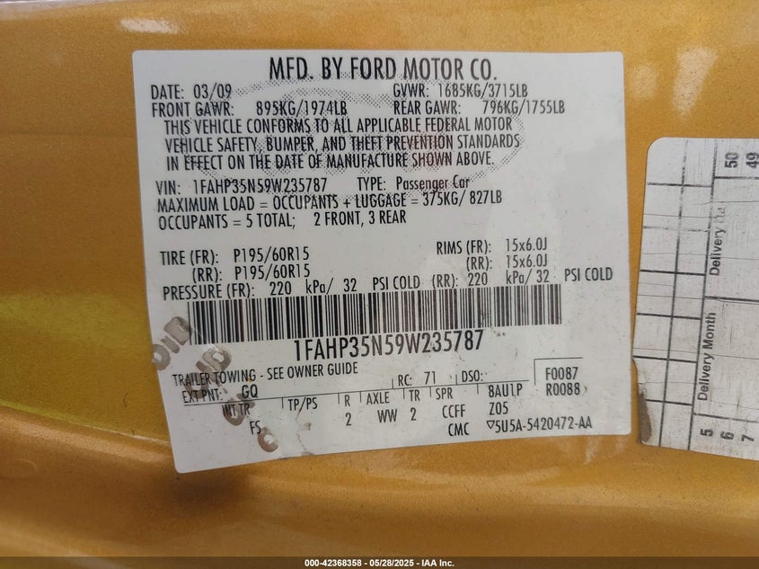 2009 FORD FOCUS VIN: 1FAHP35N59W235787