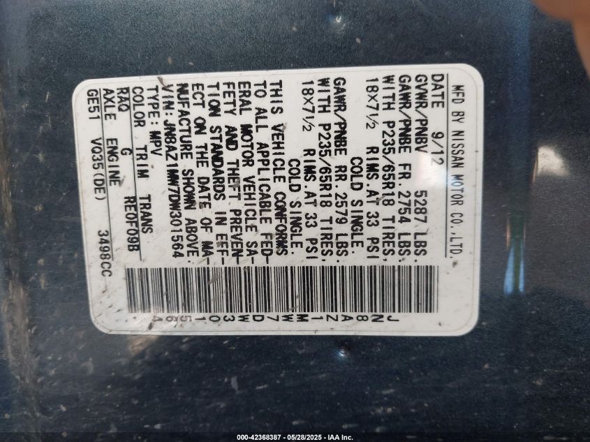 2013 Nissan Murano Sv VIN: JN8AZ1MW7DW301564 Lot: 43443426