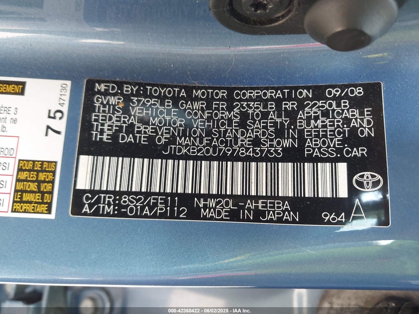 2009 TOYOTA PRIUS VIN: JTDKB20U797843733