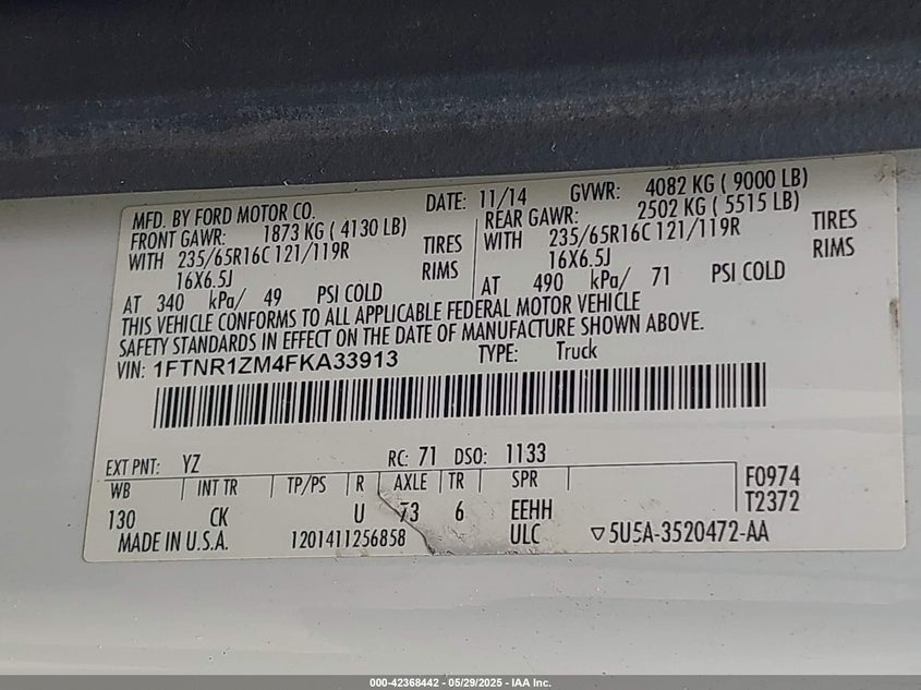 2015 FORD TRANSIT VIN: 1FTNR1ZM4FKA33913