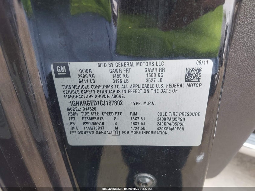 2012 CHEVROLET TRAVERSE VIN: 1GNKRGED1CJ167802