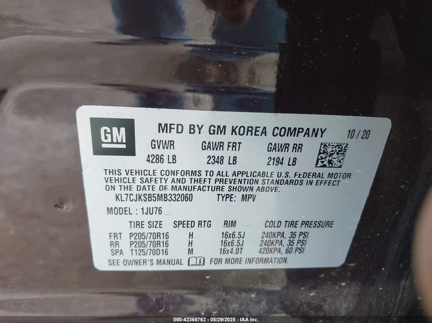 VIN KL7CJKSB5MB332060 2021 CHEVROLET TRAX FWD LS