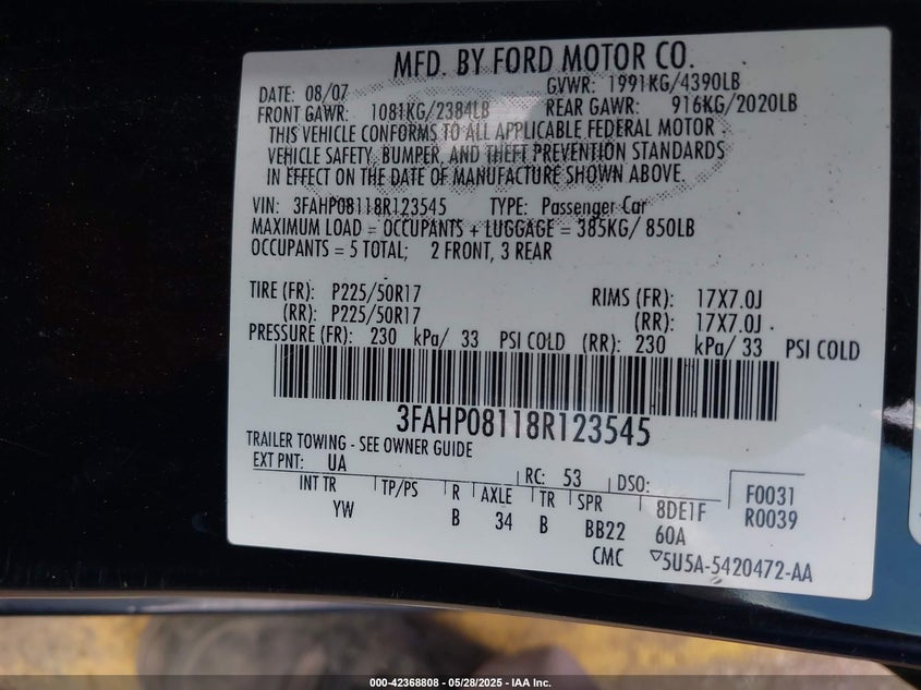 2008 FORD FUSION VIN: 3FAHP08118R123545