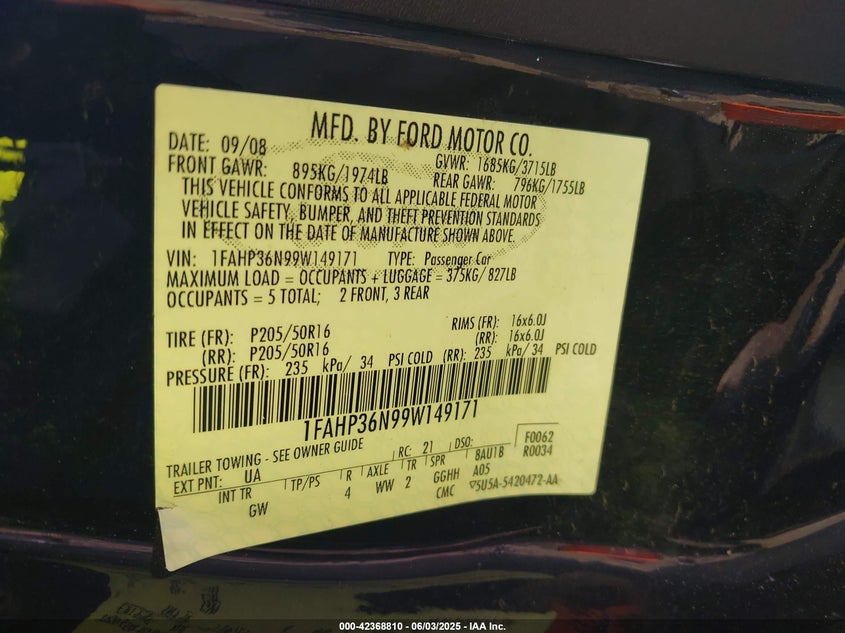 2009 FORD FOCUS VIN: 1FAHP36N99W149171