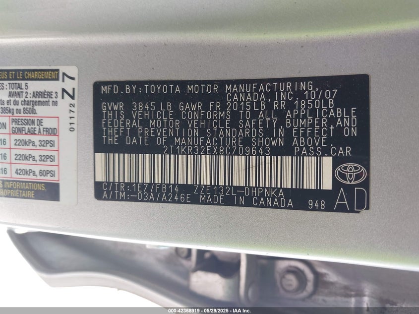 2008 TOYOTA COROLLA MATRIX VIN: 2T1KR32EX8C709643