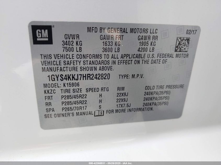 2017 Cadillac Escalade Platinum VIN: 1GYS4KKJ7HR24282 Lot: 42368931