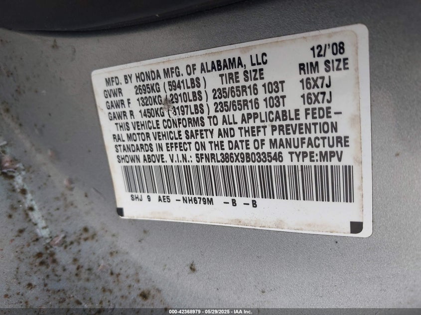 2009 HONDA ODYSSEY VIN: 5FNRL386X9B033546