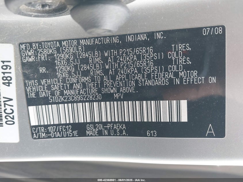 2009 TOYOTA SIENNA VIN: 5TDZK23C89S228230