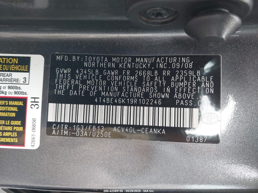 2009 TOYOTA CAMRY VIN: 4T4BE46K19R102246