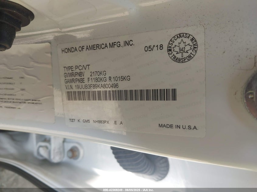 VIN 19UUB3F89KA800496 2019 ACURA TLX ADVANCE PKG
