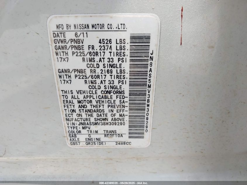 2011 Nissan Rogue Sv VIN: JN8AS5MV3BW309290 Lot: 42369335