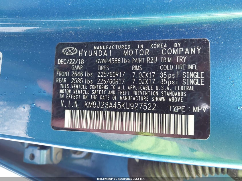 2019 HYUNDAI TUCSON VIN: KM8J23A45KU927522
