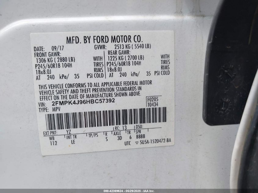 2017 Ford Edge Sel VIN: 2FMPK4J96HBC57392 Lot: 42369624