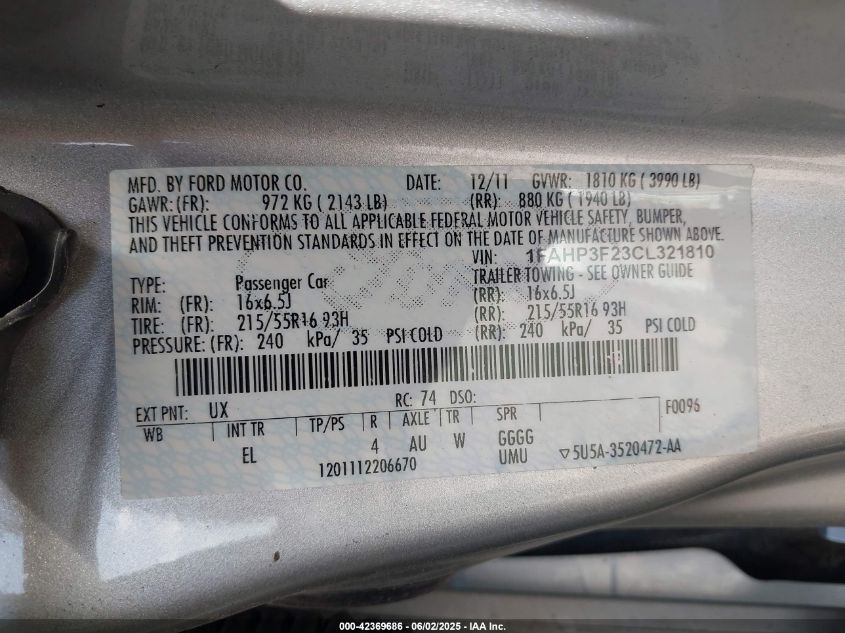 2012 Ford Focus Se VIN: 1FAHP3F23CL321810 Lot: 42369686