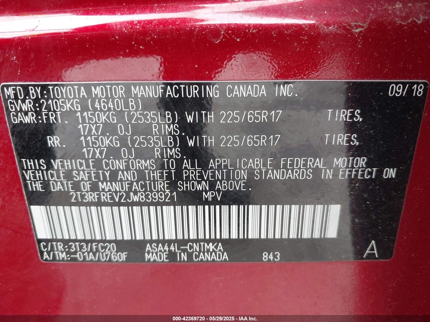 VIN 2T3RFREV2JW839921 2018 TOYOTA RAV4 XLE