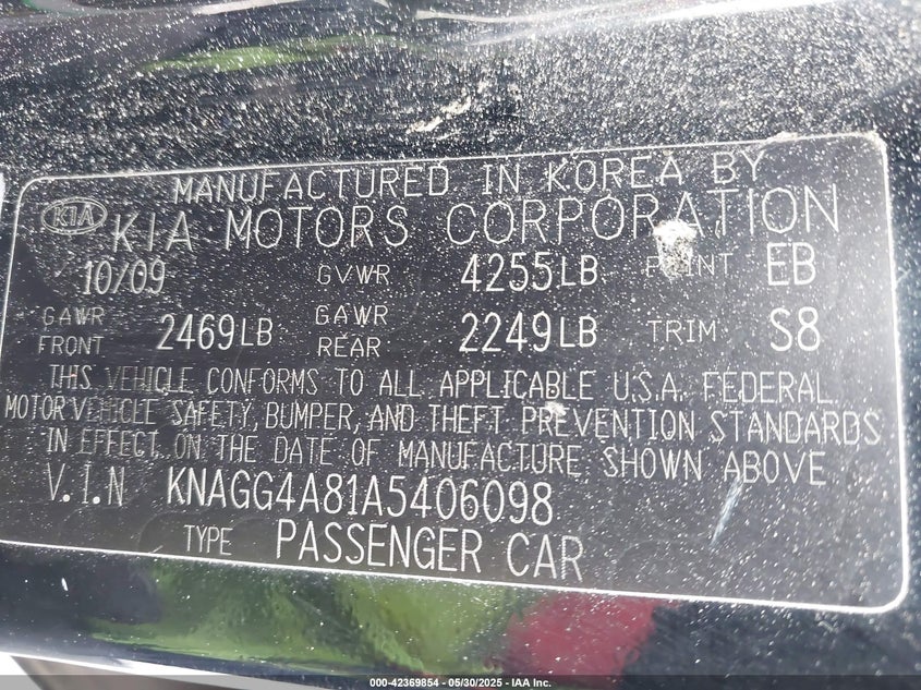 2010 KIA OPTIMA VIN: KNAGG4A81A5406098