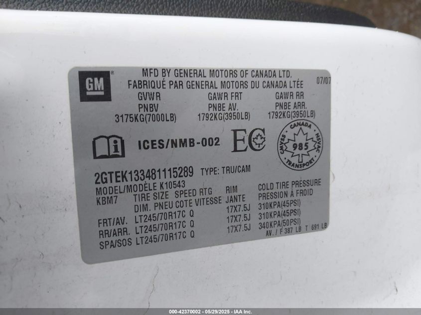 2008 GMC Sierra 1500 Sle1/Sle2/Slt/Work Truck VIN: 2GTEK133481115289 Lot: 42370002