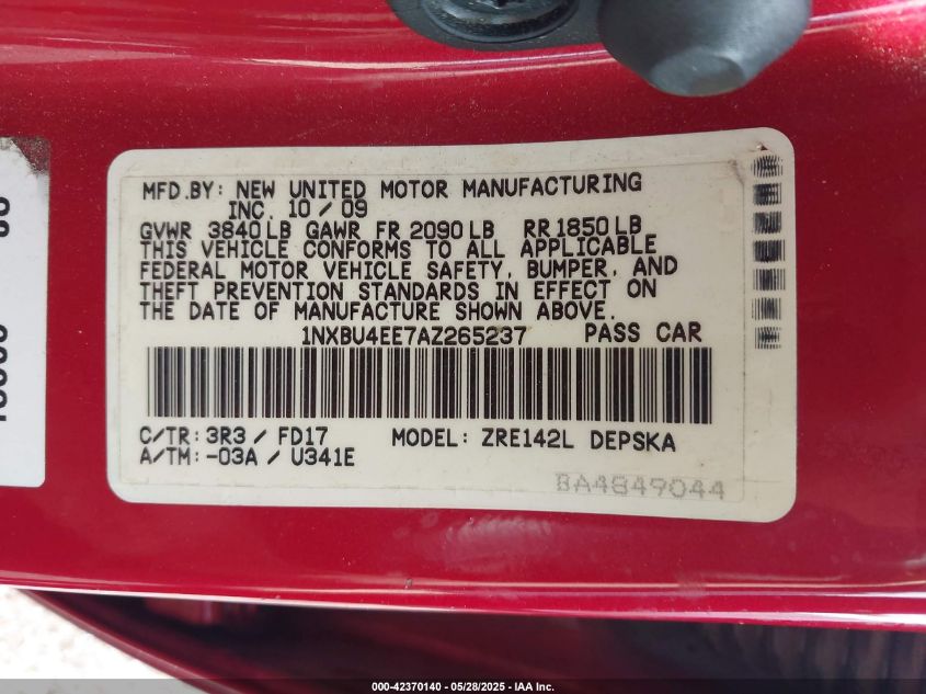 2010 Toyota Corolla S VIN: 1NXBU4EE7AZ265237 Lot: 42370140