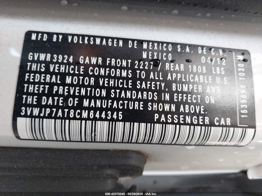 2012 VOLKSWAGEN BEETLE VIN: 3VWJP7AT8CM644345