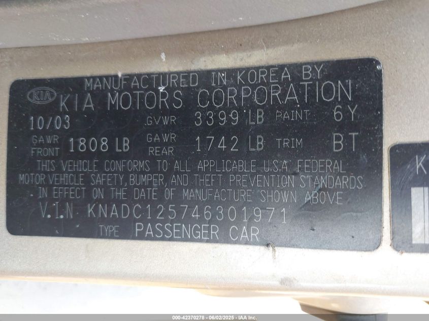2004 Kia Rio VIN: KNADC125746301971 Lot: 42370278
