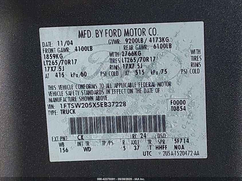 2005 Ford F-250 Lariat/Xl/Xlt VIN: 1FTSW205X5EB37228 Lot: 42370391