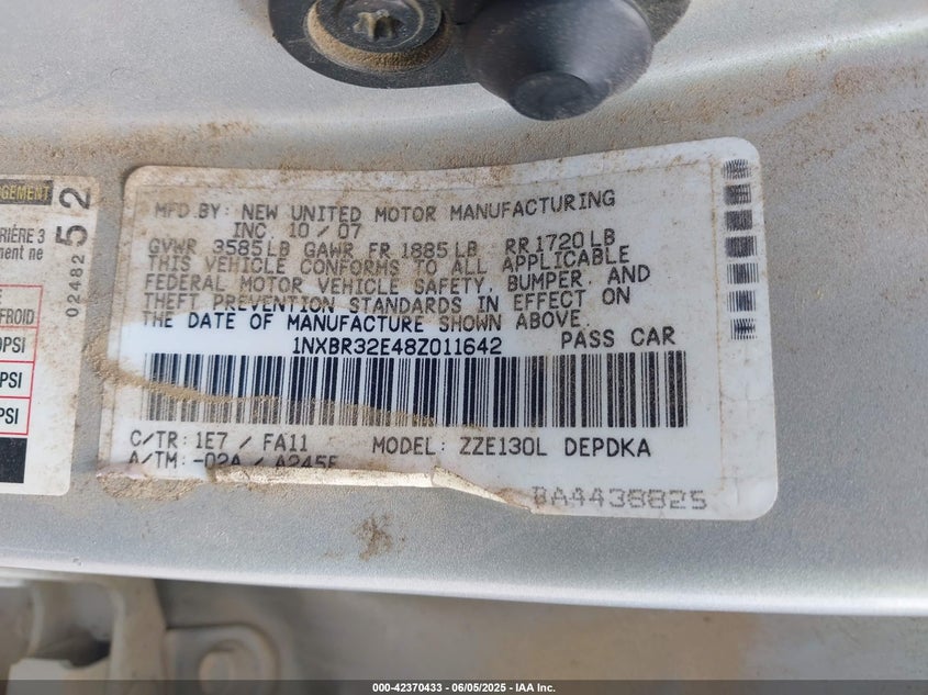 2008 Toyota Corolla Ce VIN: 1NXBR32E48Z011642 Lot: 42370433