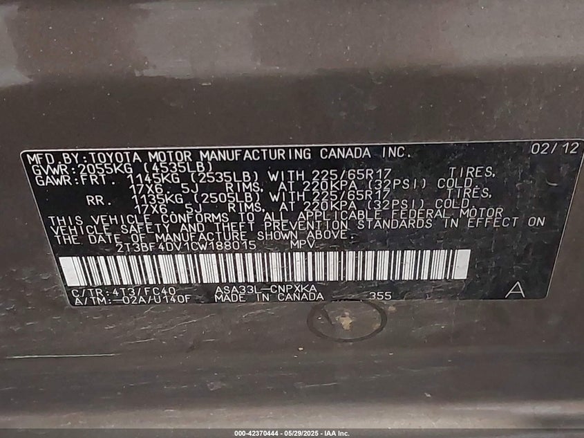 2012 TOYOTA RAV4 VIN: 2T3BF4DV1CW188015