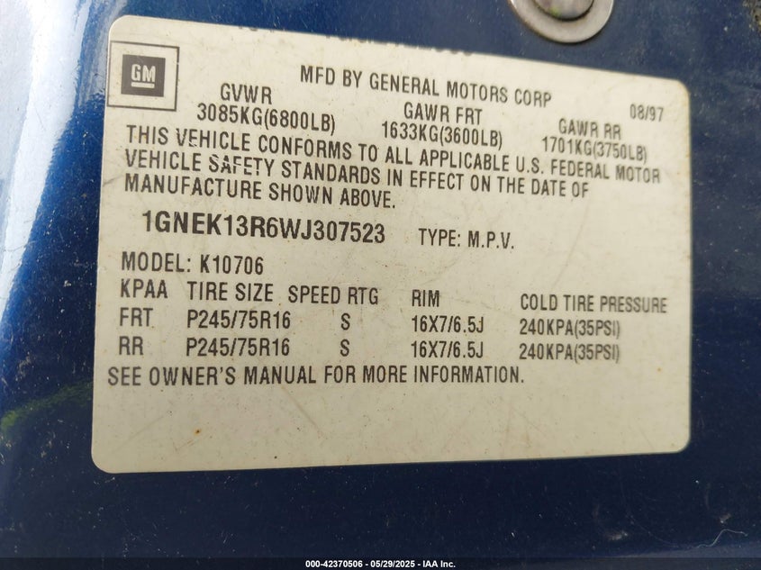 1998 Chevrolet Tahoe Ls VIN: 1GNEK13R6WJ307523 Lot: 42370506