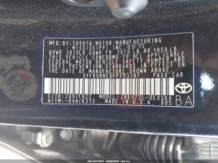 2015 Toyota Corolla S Plus VIN: 5YFBURHEXFP293387 Lot: 42370523