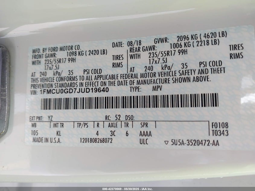 2018 FORD ESCAPE SE - 1FMCU0GD7JUD19640