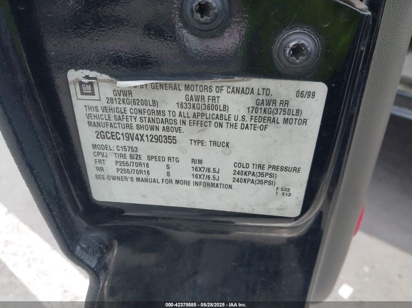 1999 Chevrolet Silverado 1500 Ls VIN: 2GCEC19V4X1290355 Lot: 42370585