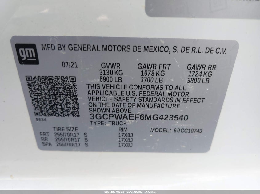 2021 CHEVROLET SILVERADO 1500 5.3L V-8 DI, VVT, 35(VIN: 3GCPWAEF6MG423540