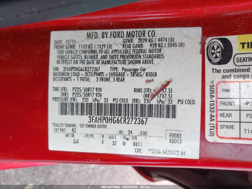 2012 Ford Fusion Se VIN: 3FAHP0HG6CR272367 Lot: 42370662