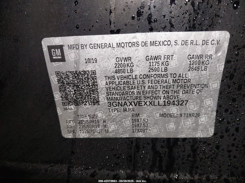 2020 CHEVROLET EQUINOX VIN: 3GNAXVEXXLL194327