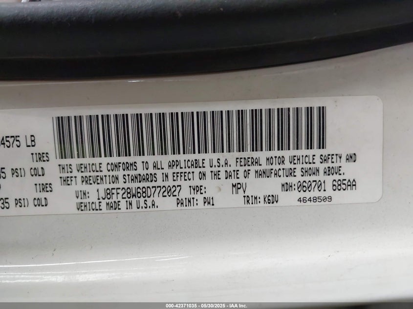 2008 JEEP PATRIOT VIN: 1J8FF28W68D772027