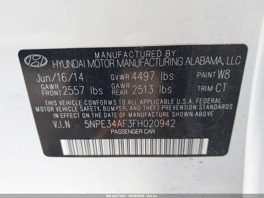 2015 HYUNDAI SONATA VIN: 5NPE34AF3FH020942