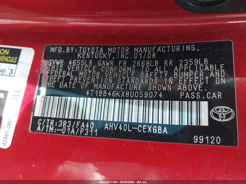 2008 TOYOTA CAMRY VIN: 4T1BB46KX8U059074