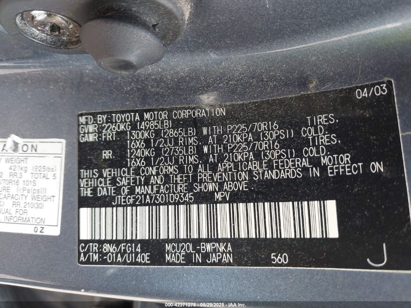 2003 Toyota Highlander V6 VIN: JTEGF21A730109345 Lot: 42371278