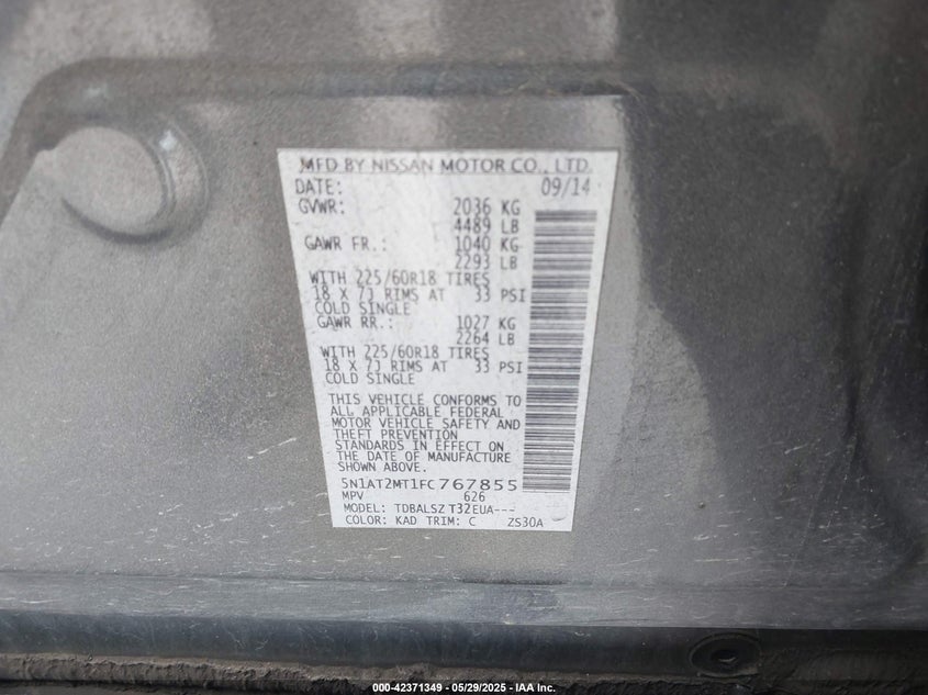 2015 NISSAN ROGUE VIN: 5N1AT2MT1FC767855