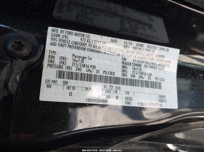 2014 FORD FOCUS VIN: 1FADP3K24EL462019