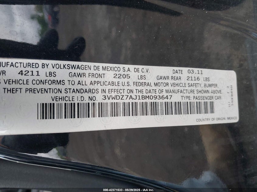 2011 VOLKSWAGEN JETTA VIN: 3VWDZ7AJ1BM093647