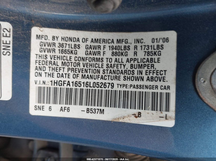 2006 HONDA CIVIC VIN: 1HGFA16516L052679