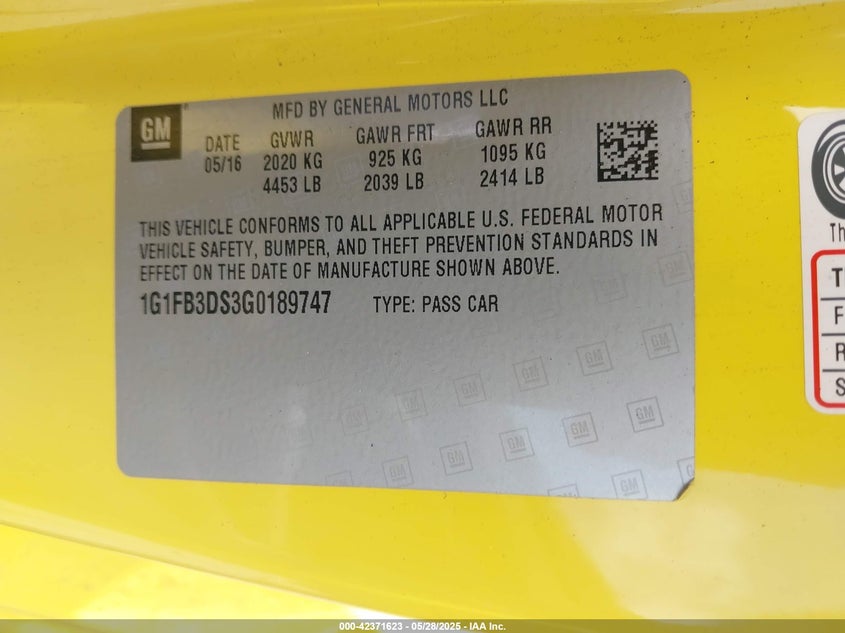 2016 CHEVROLET CAMARO VIN: 1G1FB3DS3G0189747
