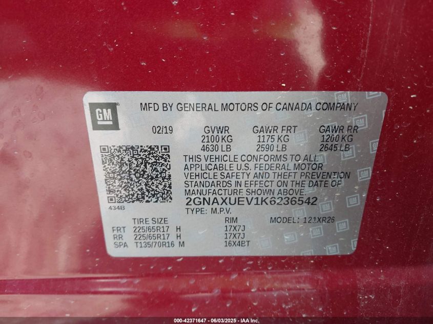 2019 Chevrolet Equinox Lt VIN: 2GNAXUEV1K6236542 Lot: 42371647