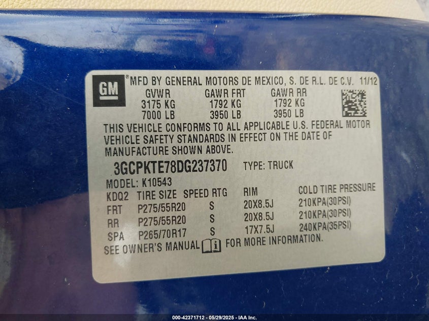 2013 CHEVROLET SILVERADO VIN: 3GCPKTE78DG237370