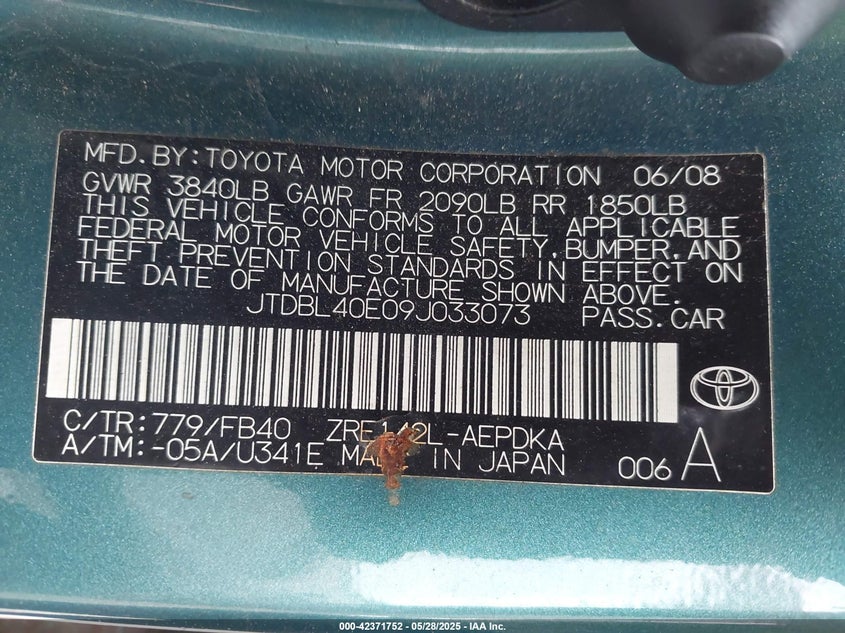 2009 TOYOTA COROLLA VIN: JTDBL40E09J033073