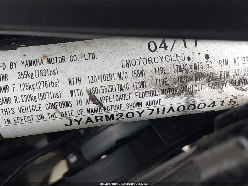 2017 Yamaha Fz07A C VIN: JYARM20Y7HA000415 Lot: 42371809