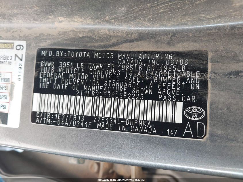 2006 Toyota Corolla Matrix Xr VIN: 2T1LR30E36C562229 Lot: 42371816