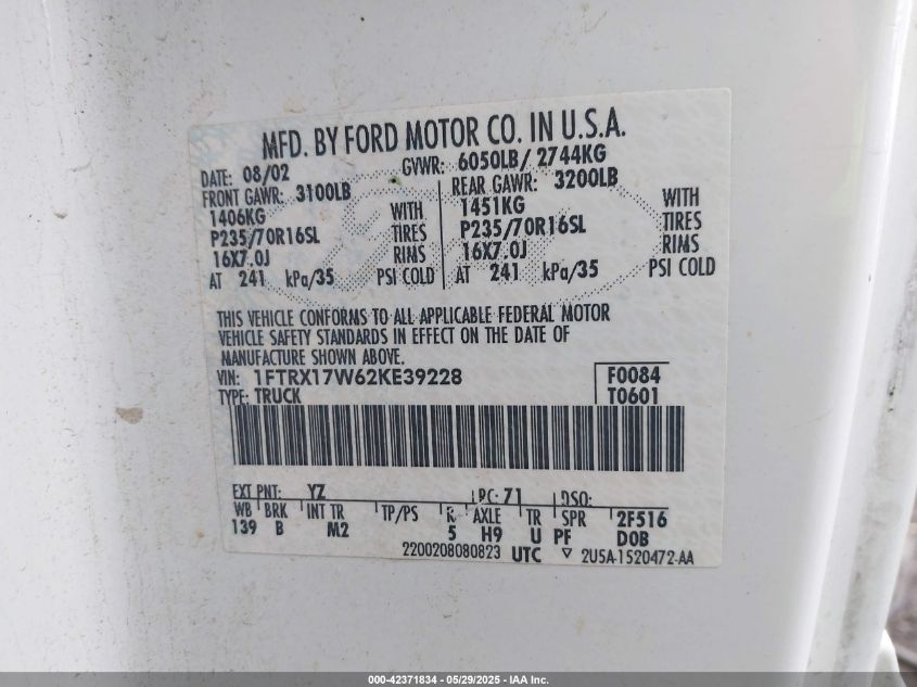 2002 Ford F-150 Lariat/Xl/Xlt VIN: 1FTRX17W62KE39228 Lot: 42371834